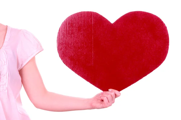 Female holding big red heart isolated on white — Stock Photo, Image