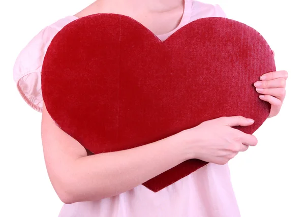 Female holding big red heart isolated on white — Stock Photo, Image