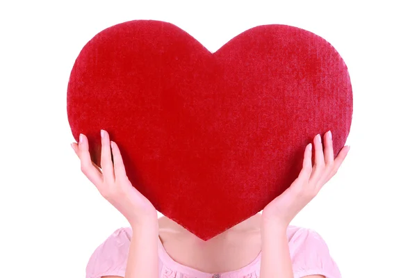 Female holding big red heart isolated on white — Stock Photo, Image