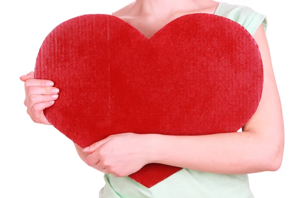 Mujer sosteniendo gran corazón rojo aislado en blanco —  Fotos de Stock