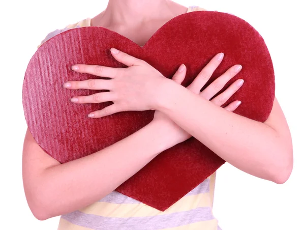 Female holding big red heart isolated on white — Stock Photo, Image