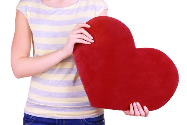 Mujer sosteniendo gran corazón rojo aislado en blanco —  Fotos de Stock