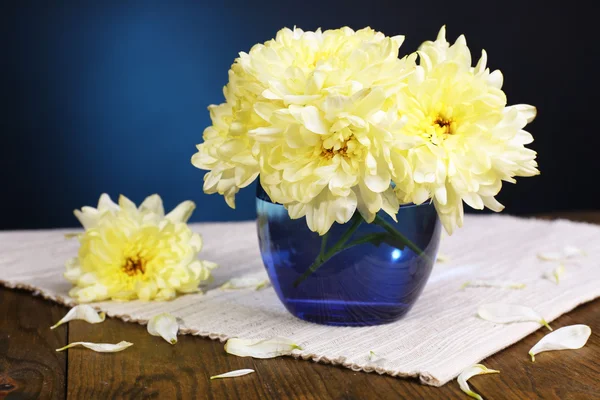 Hermosas flores de crisantemo en jarrón sobre la mesa sobre fondo azul oscuro — Foto de Stock