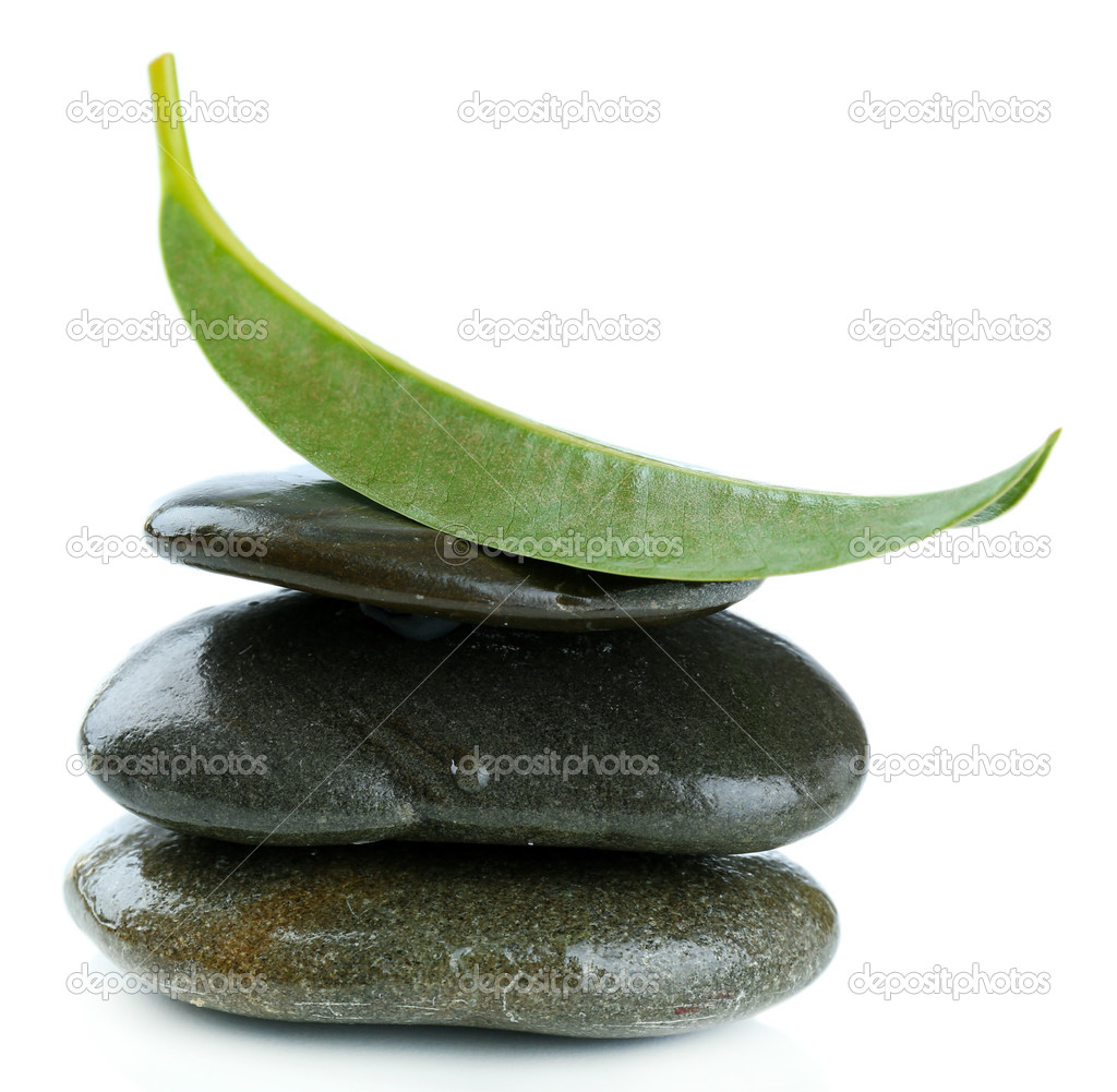 Spa stones with green leaf, isolated on white