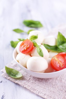 kase, ahşap masa üstünde domates ve fesleğen ile lezzetli mozzarella peyniri