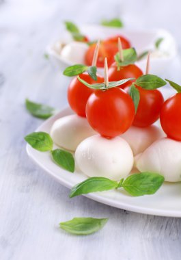 ahşap masa tabakta domates ve fesleğen ile lezzetli mozzarella peyniri