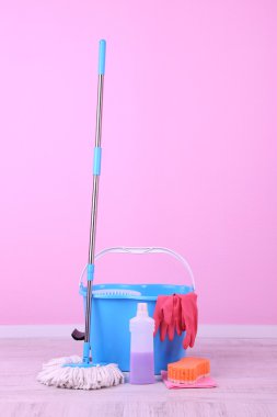 kat paspas ve kova için çamaşır odasında pembe duvar zemin üzerine