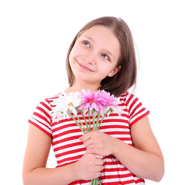 Vacker liten flicka med blommor i handen, isolerad på vit — Stockfoto