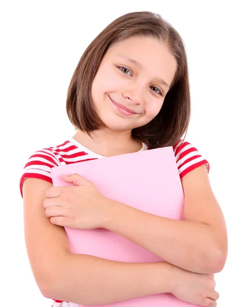 Bella bambina con libro, isolata su bianco — Foto Stock