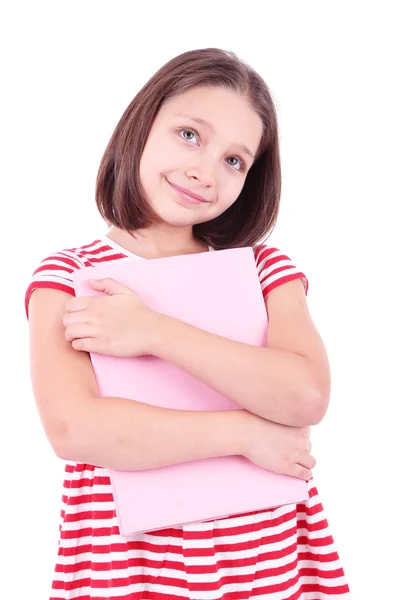 Schönes kleines Mädchen mit Buch, isoliert auf weiß — Stockfoto