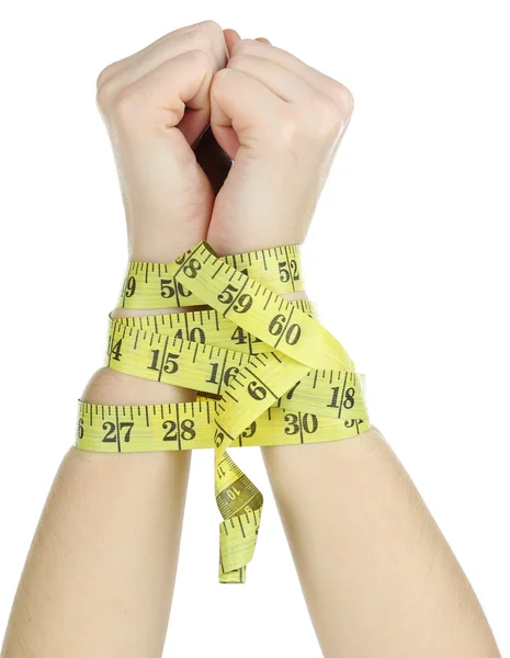 Woman hands with measuring tape isolated on white — Stock Photo, Image