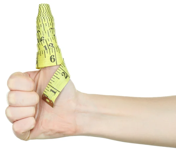 Woman hand with measuring tape isolated on white — Stock Photo, Image