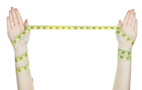 Woman hands with measuring tape isolated on white — Stock Photo, Image