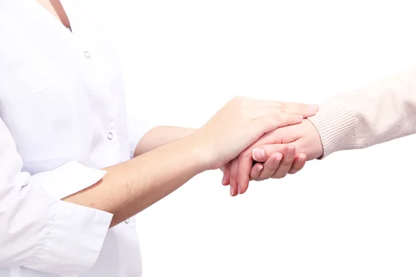 Medico che tiene la mano del paziente, isolato su bianco — Foto Stock