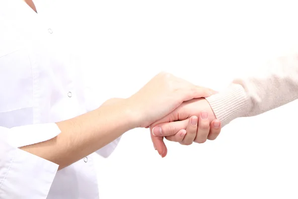 Medico che tiene la mano del paziente, isolato su bianco — Foto Stock