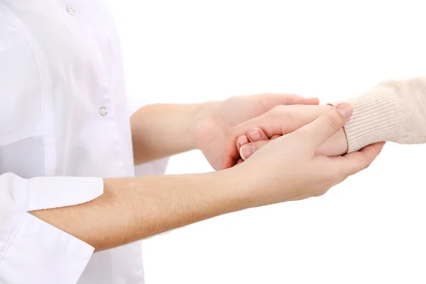 Médico de la mano del paciente, aislado en blanco — Foto de Stock