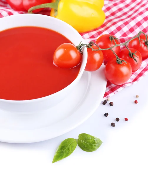 Tasty tomato soup and vegetables, isolated on white — Stock Photo, Image