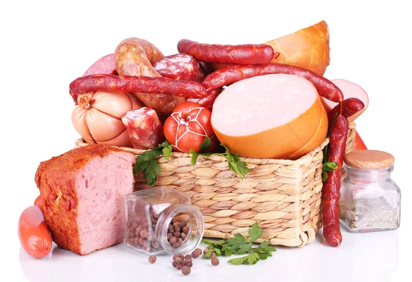 Lot of different sausages in basket isolated on white — Stock Photo, Image