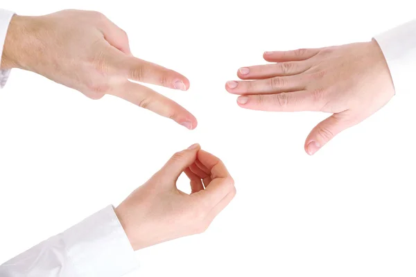 Schaar, papier, stone, scissors - handen geïsoleerd op wit — Stockfoto