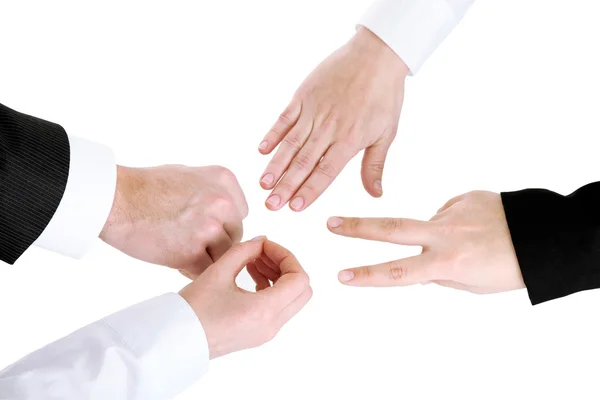 Tijeras, papel, piedra, tijeras - manos aisladas en blanco — Foto de Stock