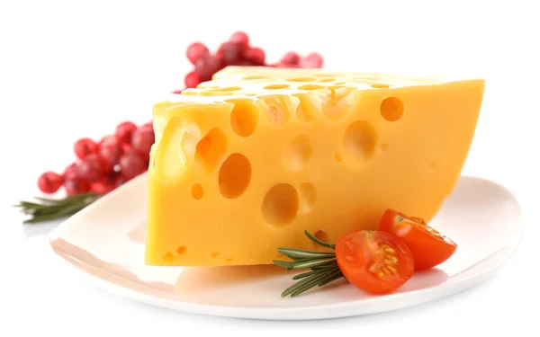 Piece of cheese with grape, tomato and rosemary on plate, isolated on white — Stock Photo, Image