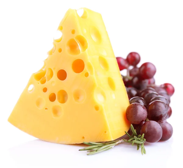 Piece of cheese with grape and rosemary, isolated on white — Stock Photo, Image