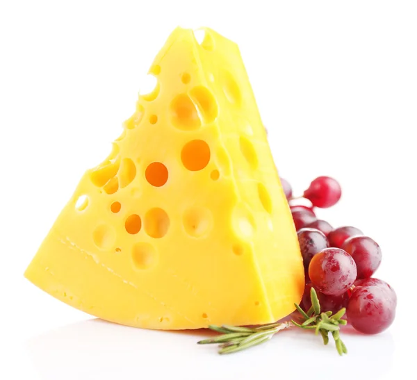 Piece of cheese with grape and rosemary, isolated on white — Stock Photo, Image