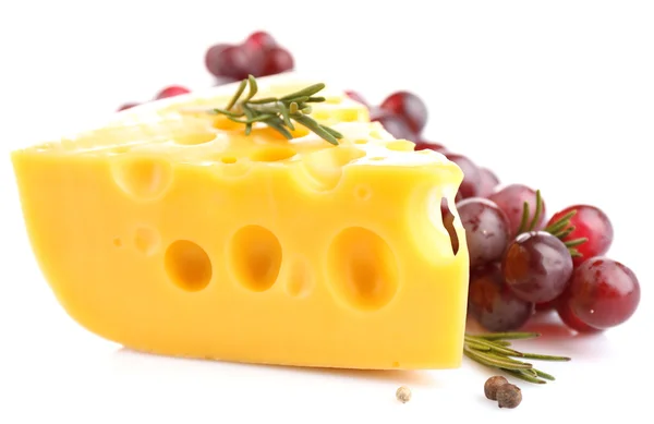 Piece of cheese with grape and rosemary, isolated on white — Stock Photo, Image