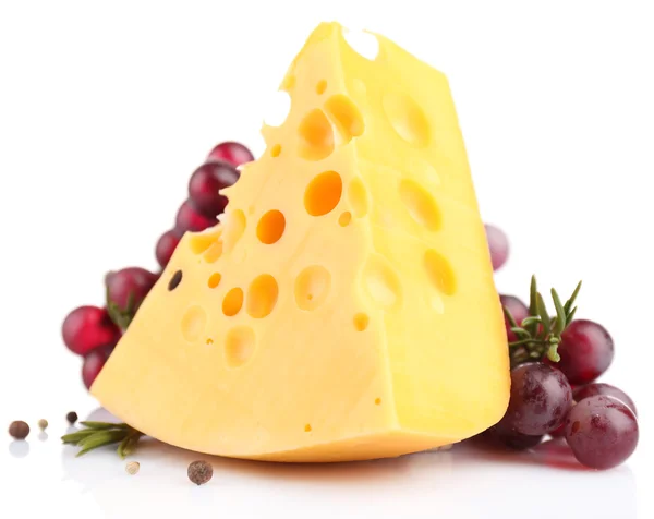 Piece of cheese with grape and rosemary, isolated on white — Stock Photo, Image