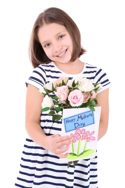 Vacker liten flicka med blommor och vykort i hennes hand, isolerad på vit — Stockfoto