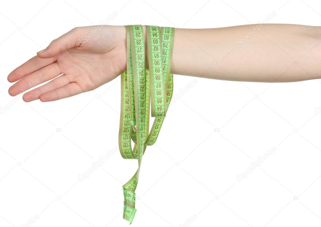 Woman hand with measuring tape isolated on white
