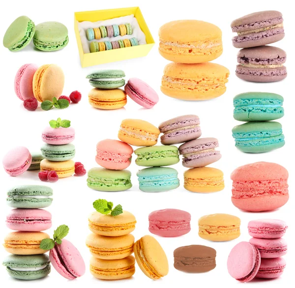 Collage of different gentle macaroons isolated on white — Stock Photo, Image