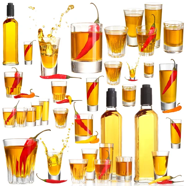 Collage of alcohol drinks. Pepper vodka isolated on white — Stock Photo, Image