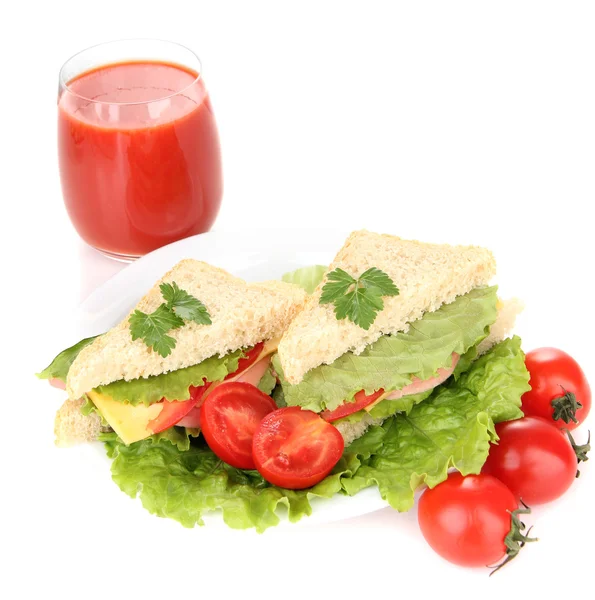 Fresh and tasty sandwiches on plate isolated on white — Stock Photo, Image