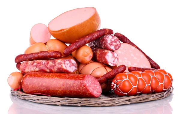 Lot of different sausages isolated on white — Stock Photo, Image