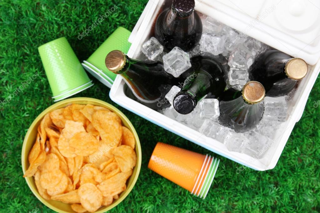 Ice chest full of drinks in bottles on grass background