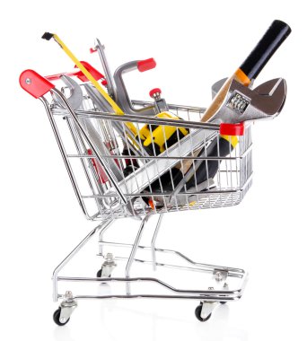 alışveriş sepeti üzerine beyaz izole inşaat araçları