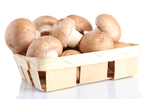 Fresh mushrooms in basket, isolated on white — Stock Photo, Image