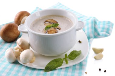 peçete üzerinde beyaz izole üzerinde beyaz tencerede mantar çorbası