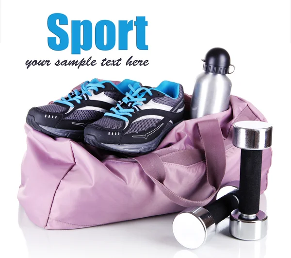 Sports bag with sports equipment isolated on white — Stock Photo, Image
