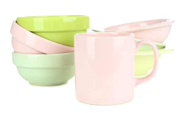Colorful empty bowls and mug isolated on white — Stock Photo, Image
