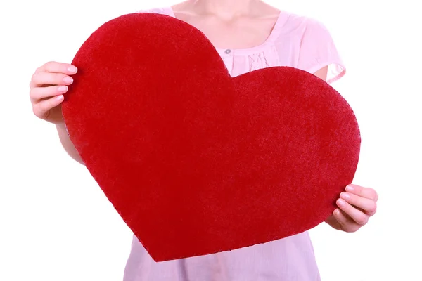 Mujer sosteniendo gran corazón rojo aislado en blanco —  Fotos de Stock