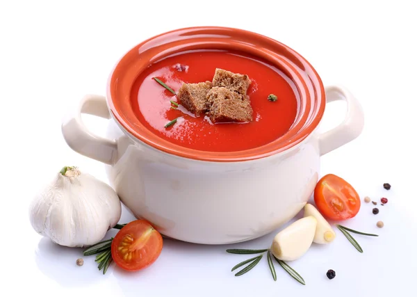 Sopa de tomate saborosa e legumes, isolados em branco — Fotografia de Stock