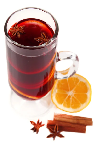 Mulled wine with lemon and spices isolated on white — Stock Photo, Image