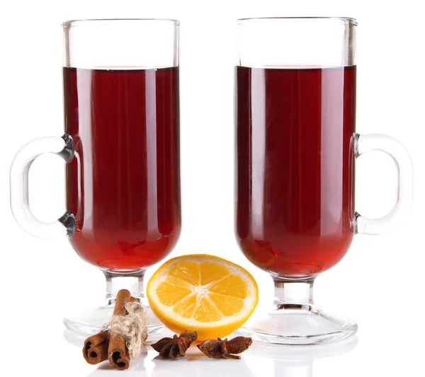 Mulled wine with lemon and spices isolated on white — Stock Photo, Image
