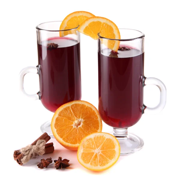 Mulled wine with oranges and spices isolated on white — Stock Photo, Image