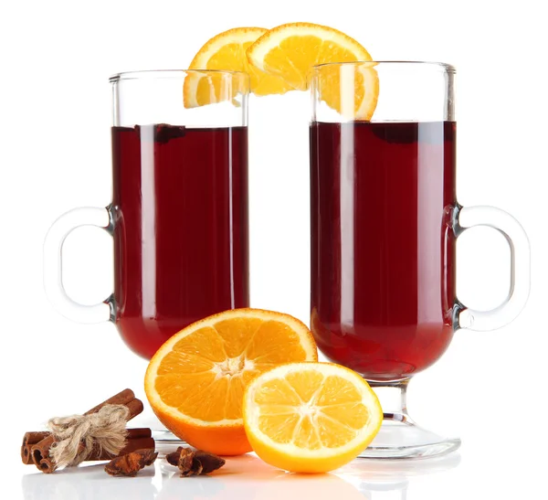 Mulled wine with oranges and spices isolated on white — Stock Photo, Image