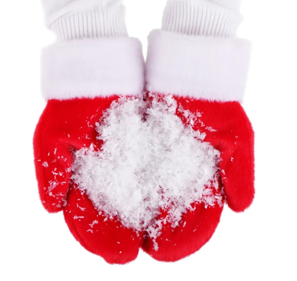 Ruce v vánoční červené rukavice, izolované na bílém — Stock fotografie