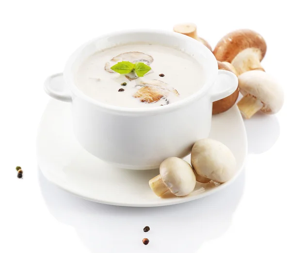 Pilzsuppe in weißer Schüssel, auf Teller, isoliert auf weißer Schale — Stockfoto