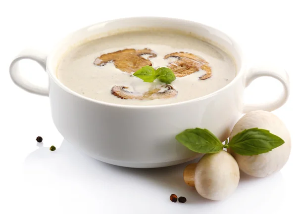 在白色的碗里，放盘子里，孤立的白色衬底上的蘑菇汤 — 图库照片
